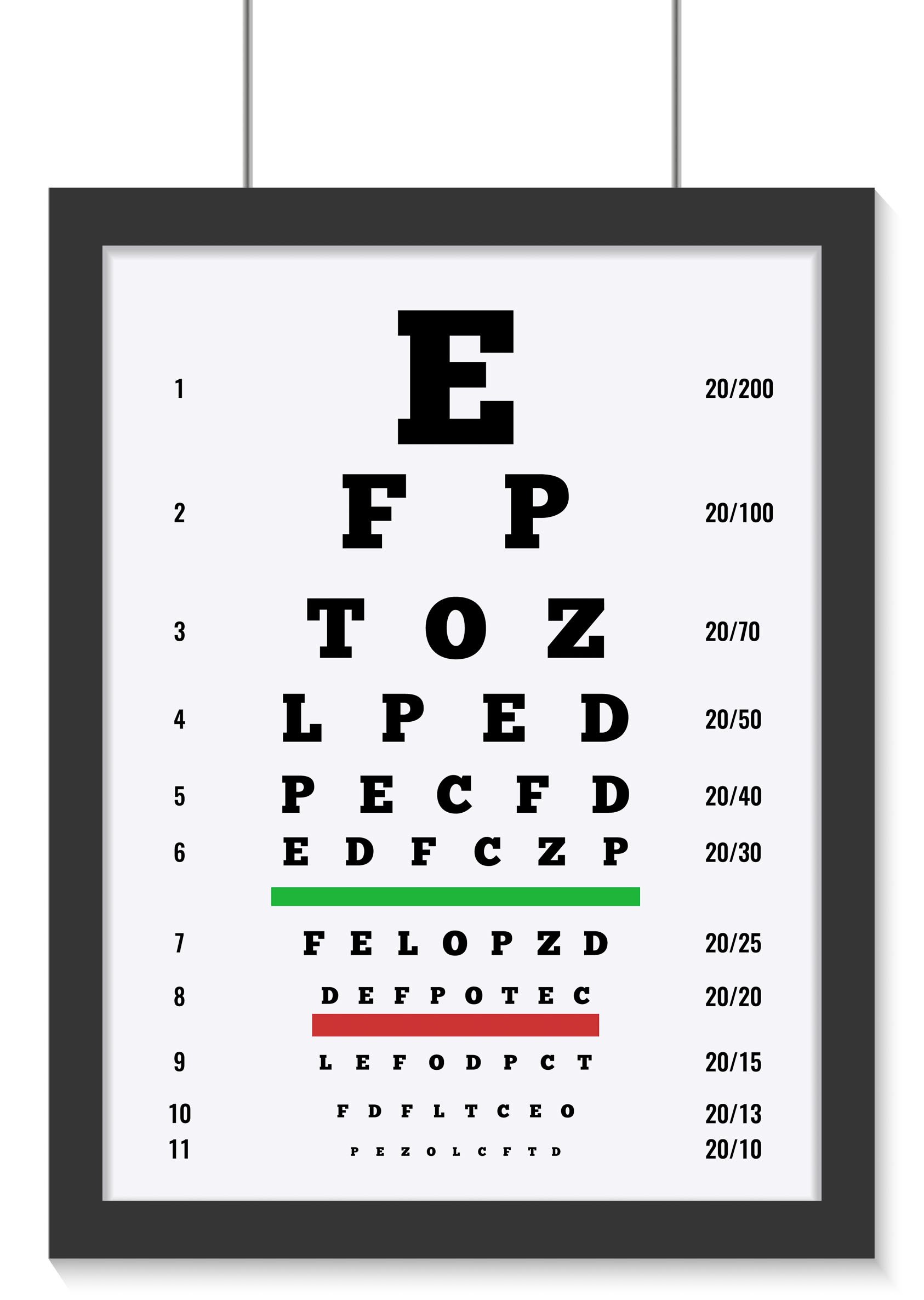 Graphic of an eye chart poster featuring letters that progressively get smaller in size.
