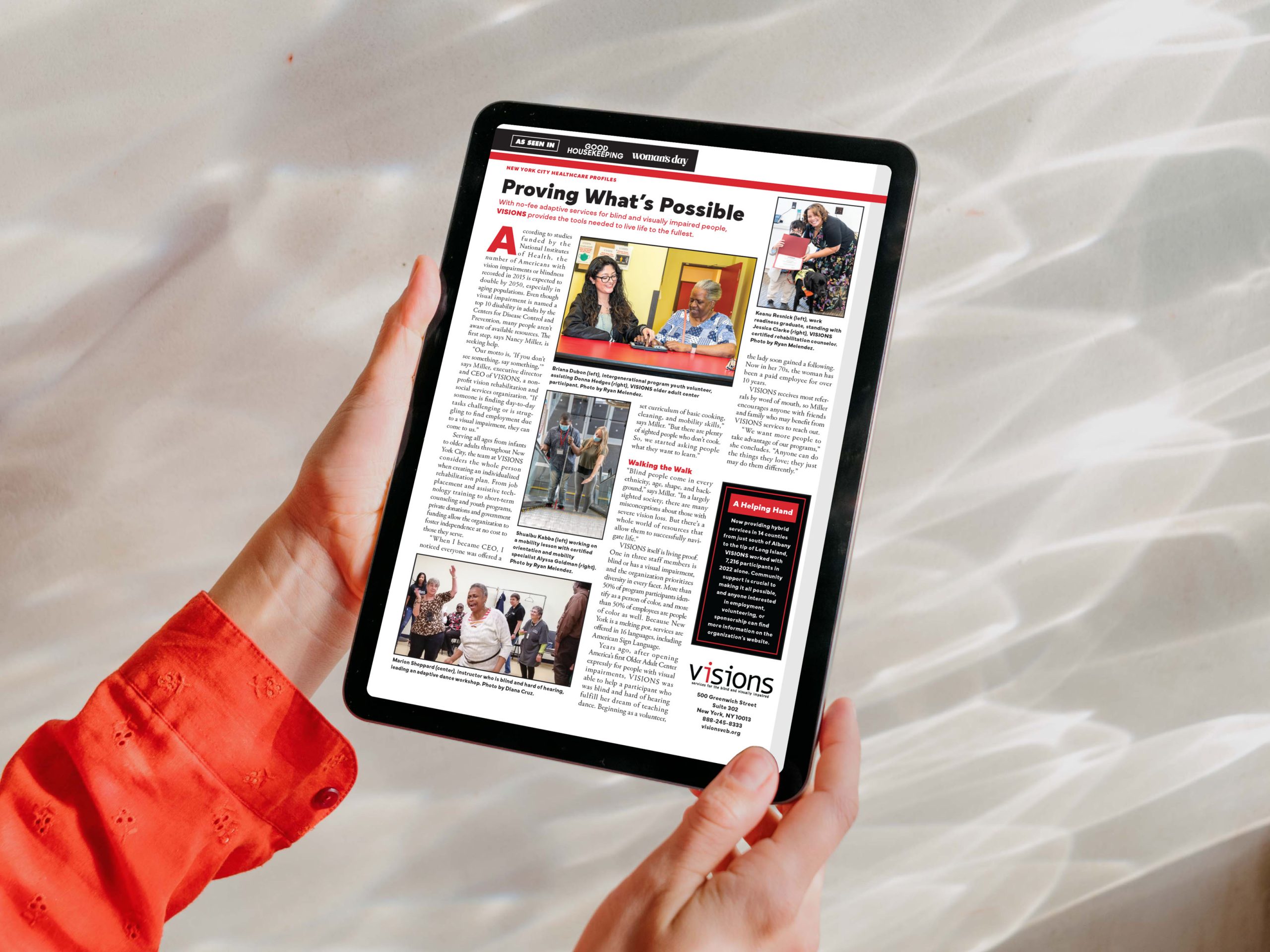 Photo of a pair of hands holding a tablet featuring the formatted Good Housekeeping article on its screen. 