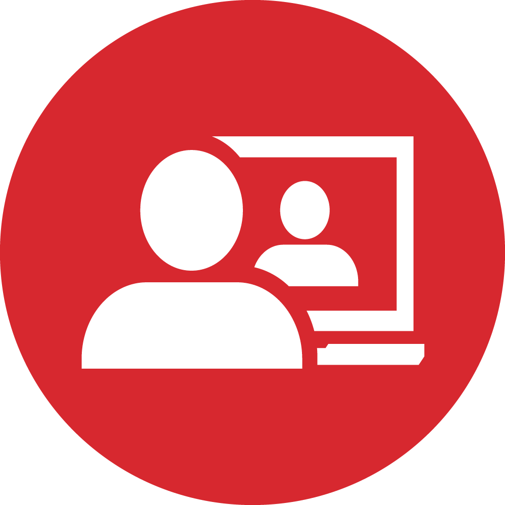 Icon of a person participating in a video call in front of a screen.