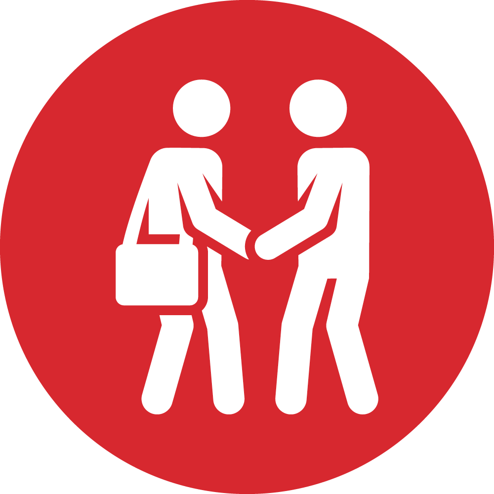 Icon of two people, one of which wearing a shoulder bag, shaking hands.