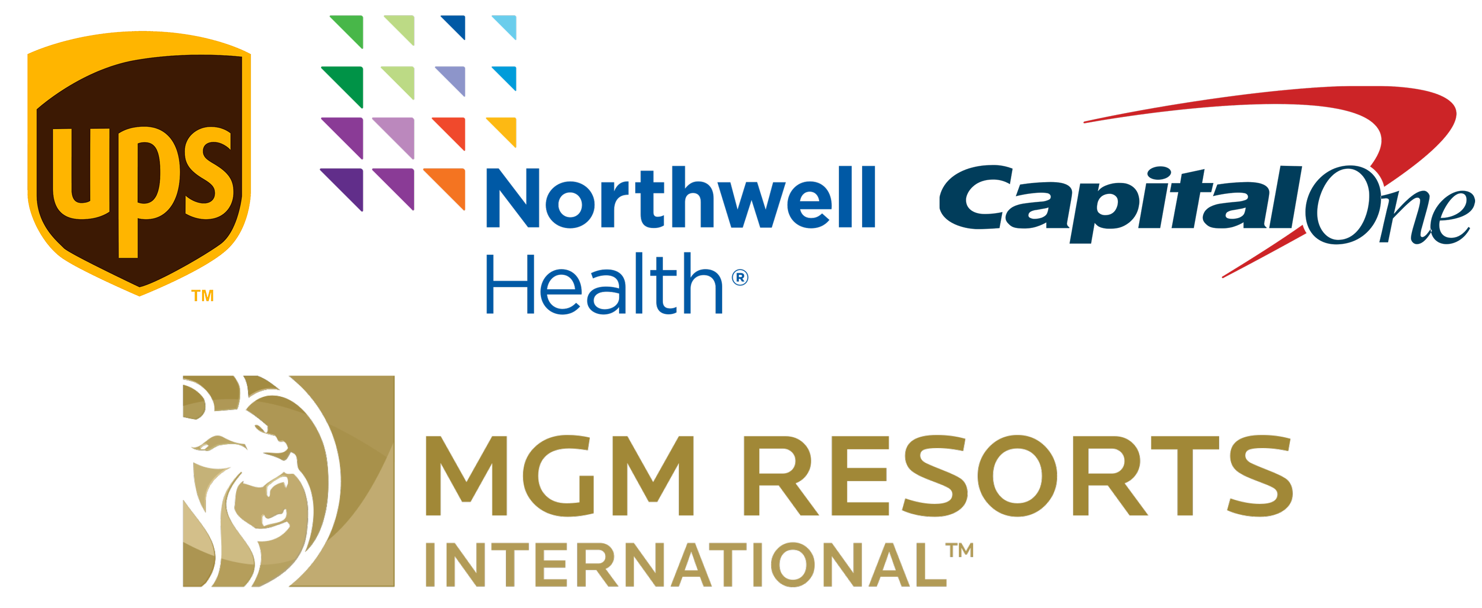 Graphic of a collage of logos, including UPS, Northwell Health, Capital One, and MGM Resorts International.
